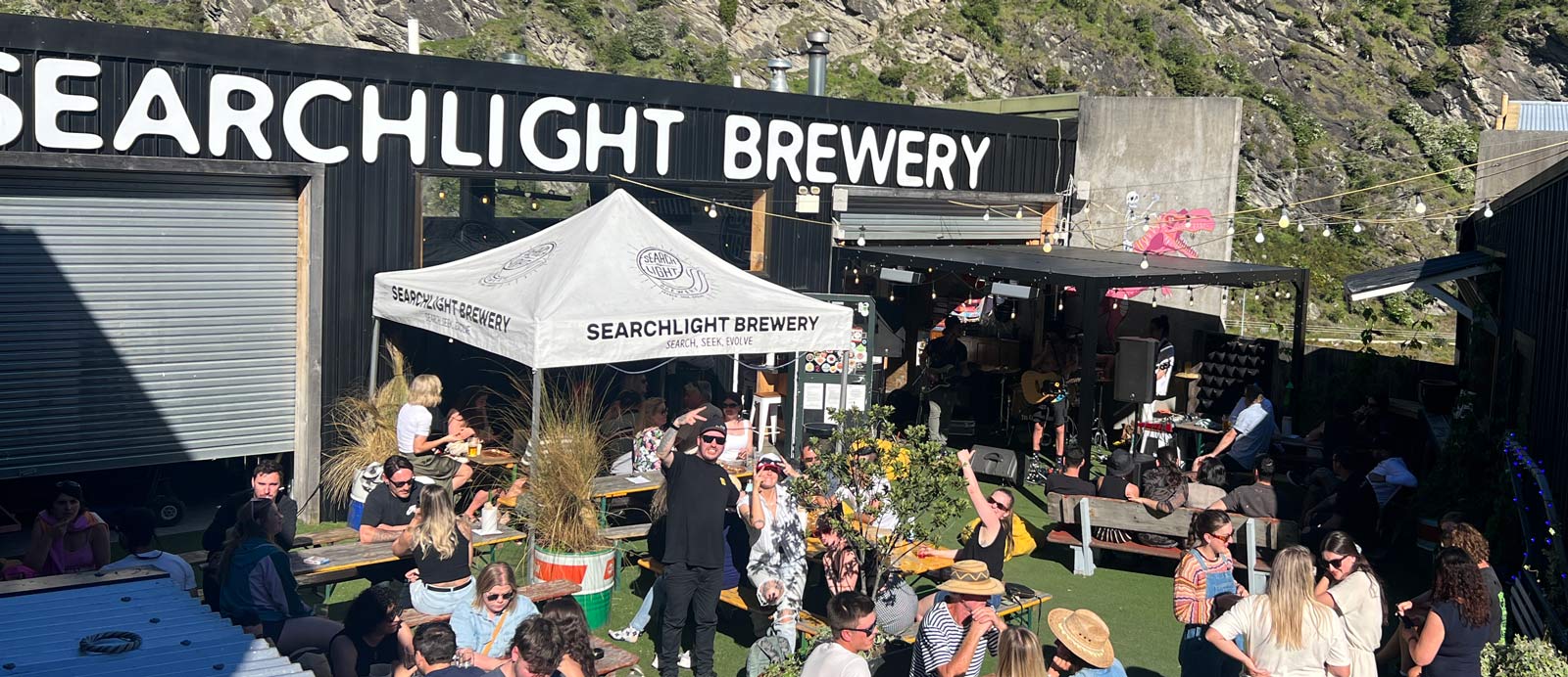 Searchlight Brewery taproom and beer garden in Queenstown
